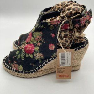 Linen Wedge Black with Flowers Size 36